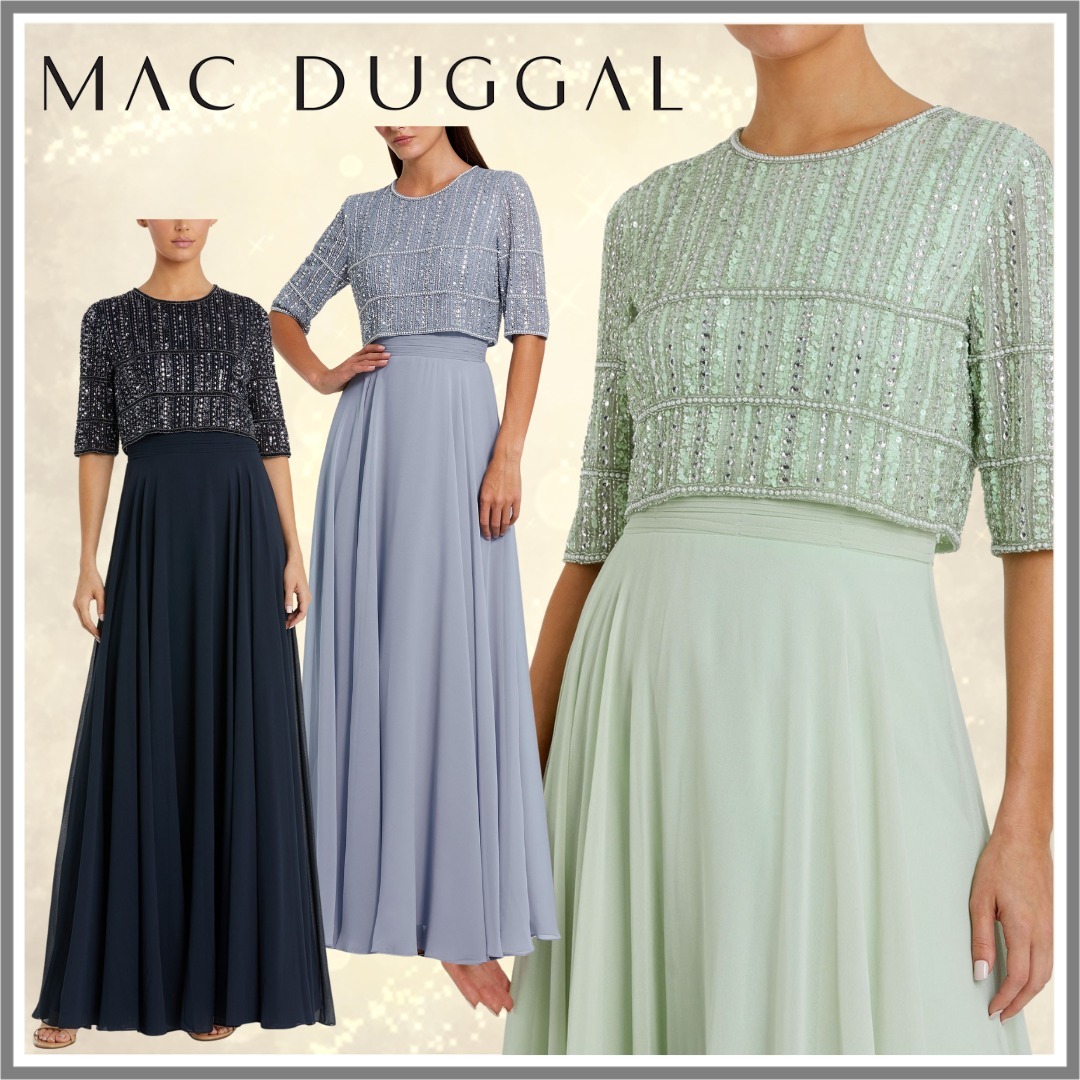 【Mac Duggal】シフォンガウン、ビーズ刺繍の7分袖トップス付き
