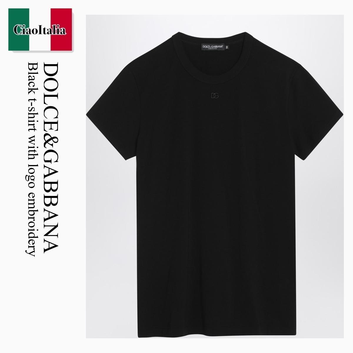 Tシャツ・カットソー Dolce&Gabbana Black T-Shirt With Logo Embroidery