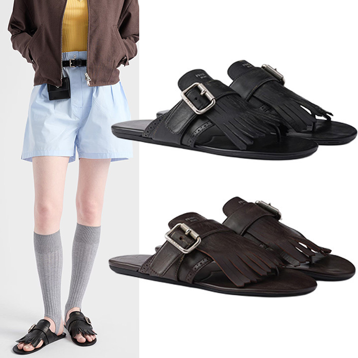 人気【PRADA】シャッフル レザー トングサンダル