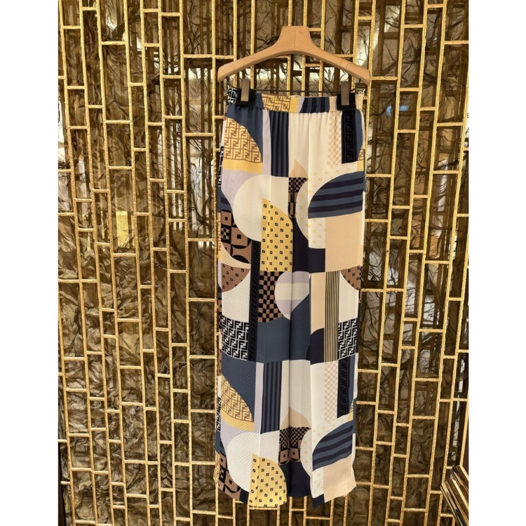 FENDI パッチワークプリント ドレープシルクパンツ