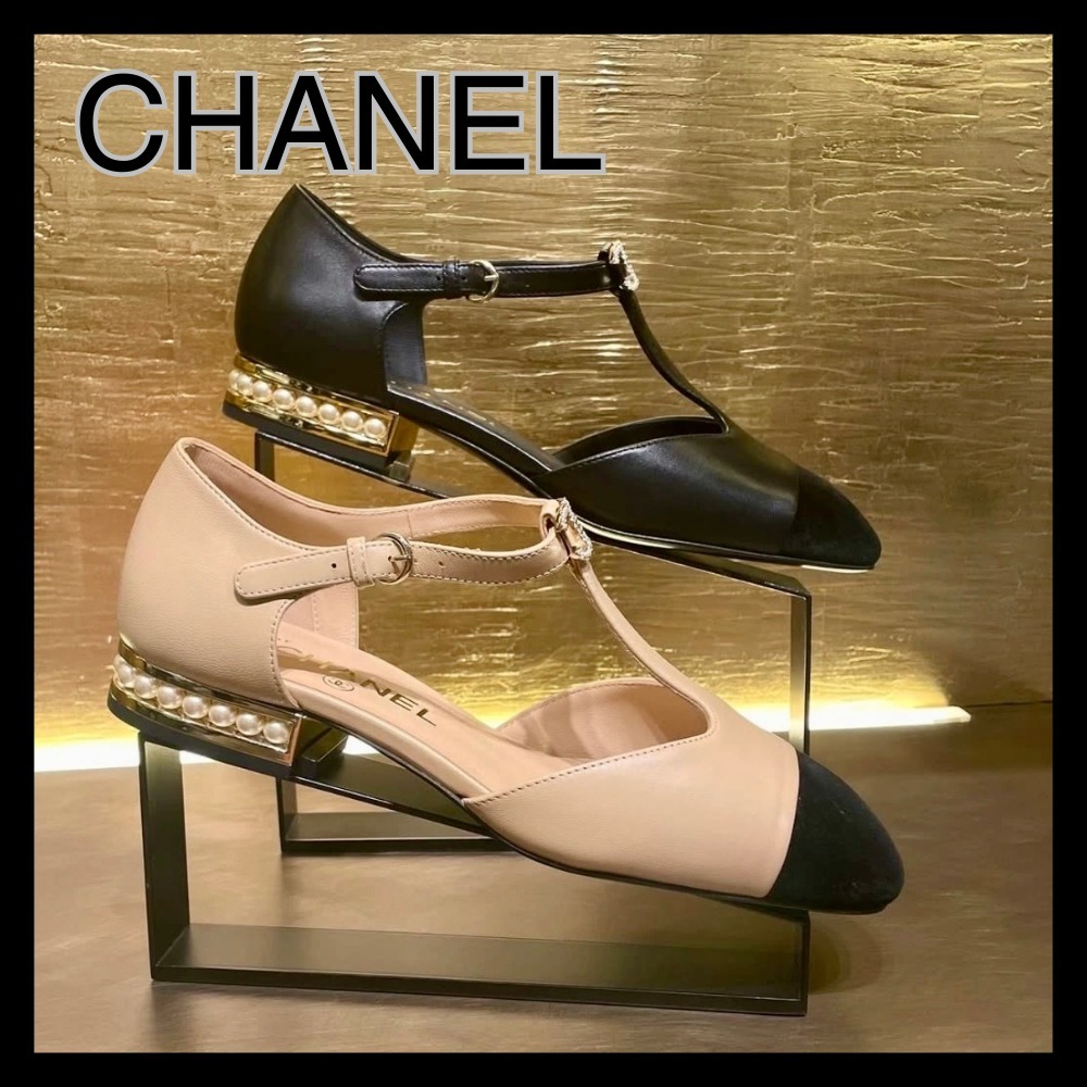 【パールヒールが主役】CHANEL Tストラップパンプス