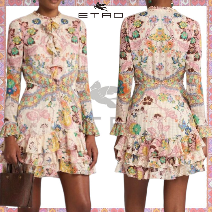 ETRO▼直営買付 フローラル シルクペキン フリル ミニドレス