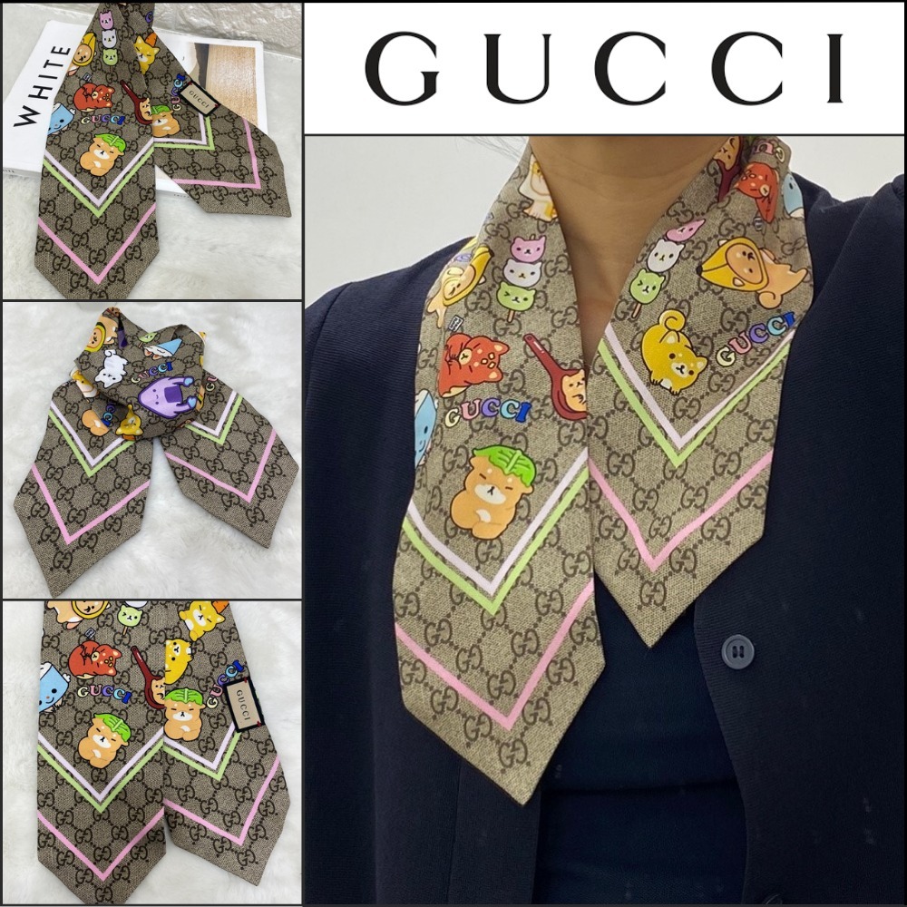 【GUCCI】GG Pichara Printed Silk Twilly Scarf