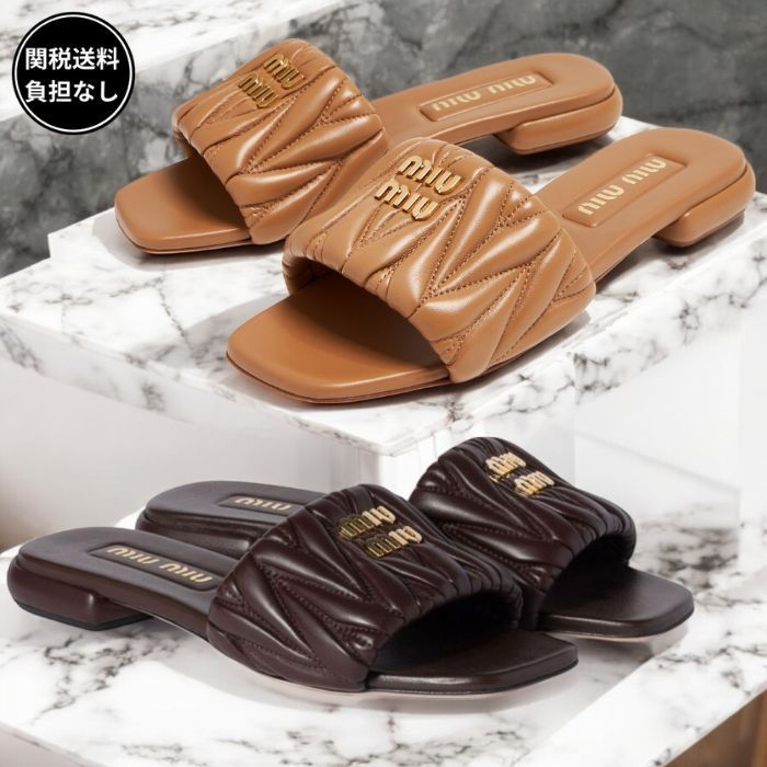 MiuMiu マテラッセレザー スライドサンダル ロゴ 2色 関税送料込