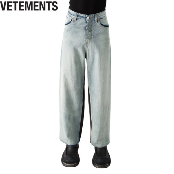 VETEMENTS ヴェトモン ハーフレザーワイドデニムパンツ ブルー