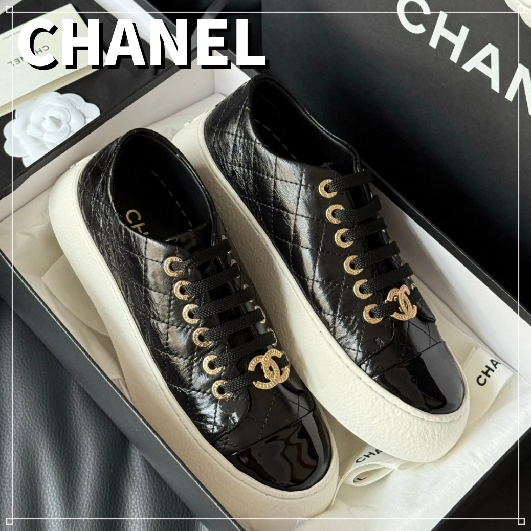 【人気の厚底】CHANEL スニーカー ローカット CCロゴ 黒