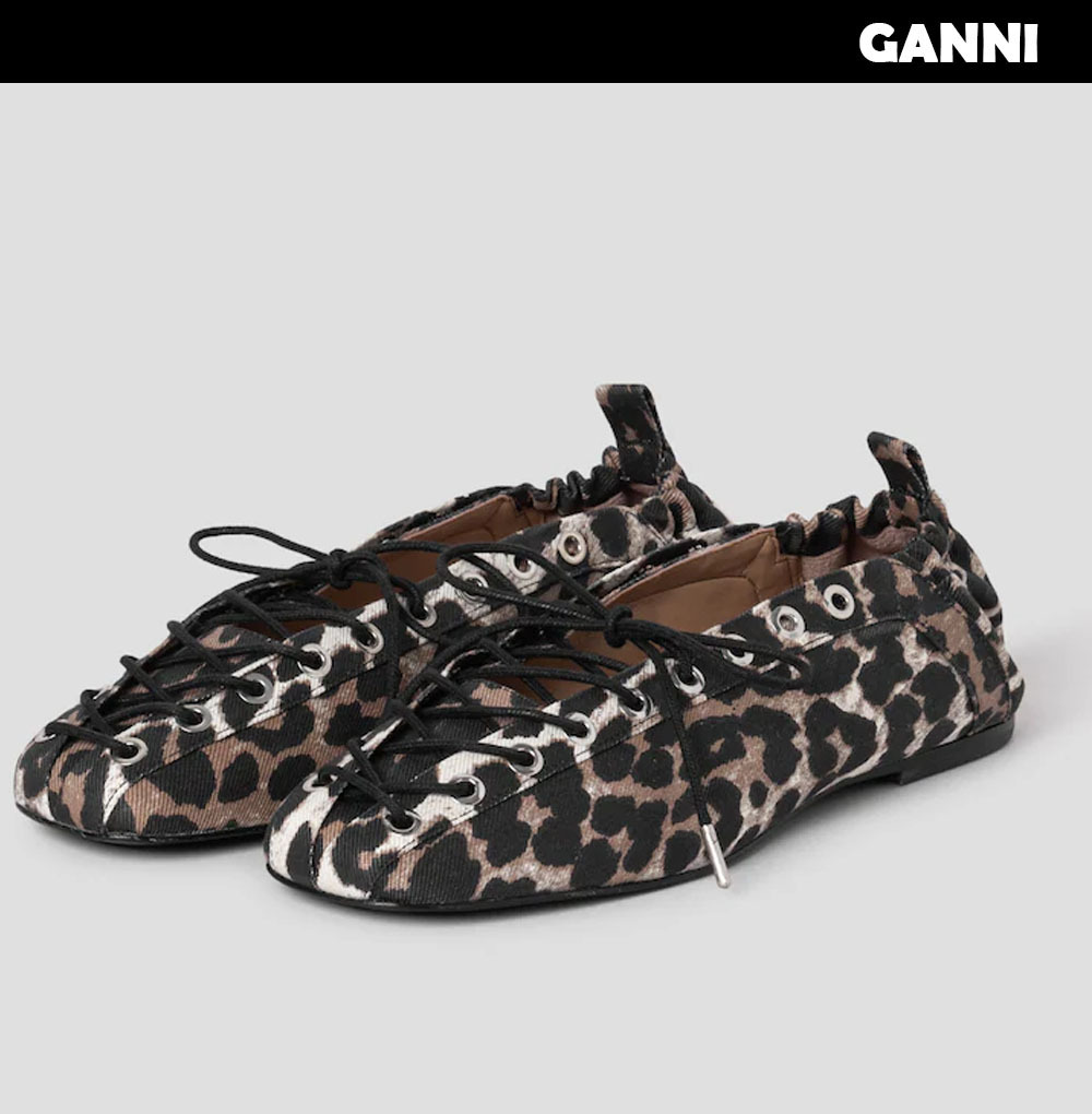 Ganni■ Eyelets Lace Up Ballerina Denim Print - Leopard