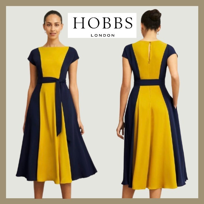 Hobbs London ネイビー イエロー カラーブロック ドレス