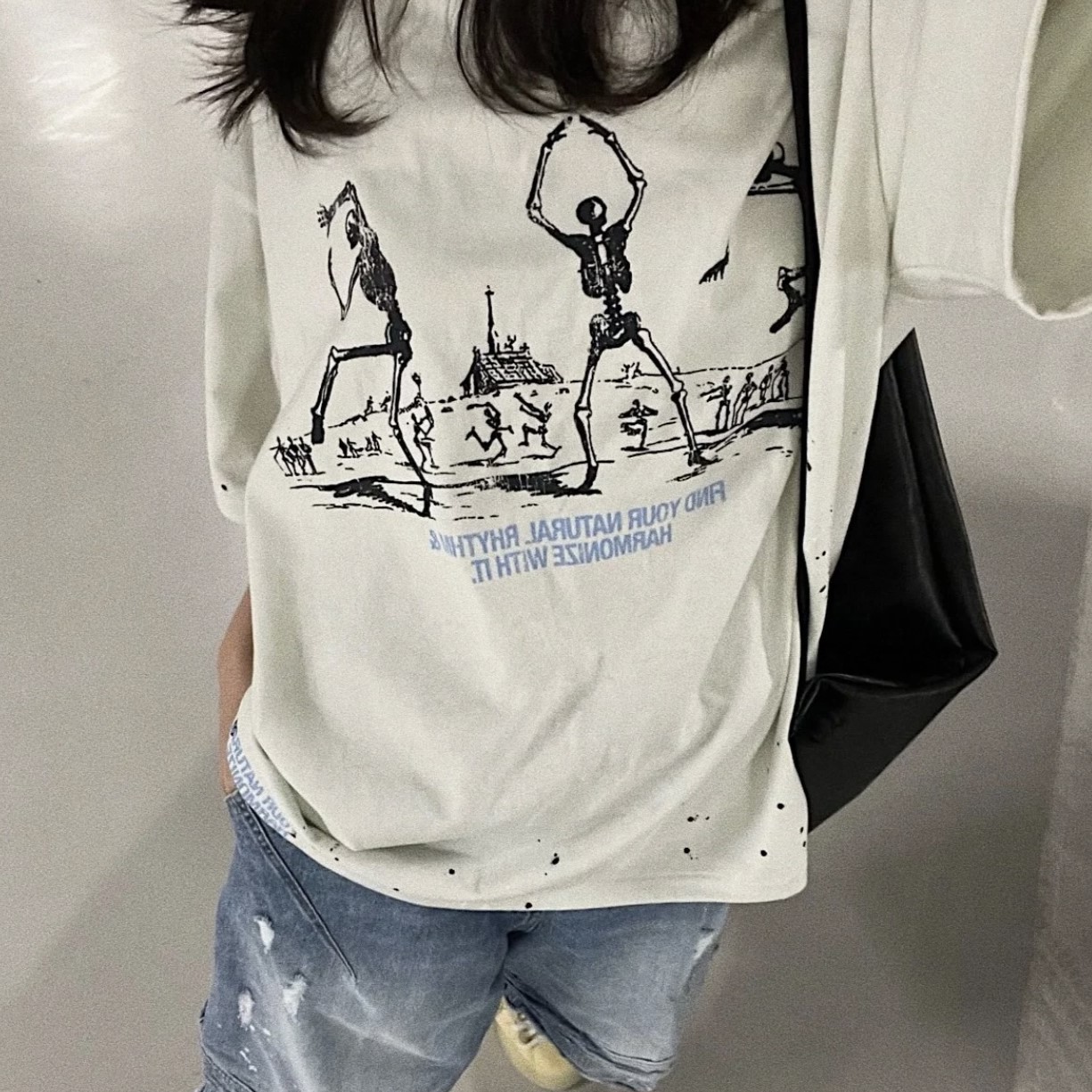 メンズカジュアル スカルスティックマン スローガン 半袖Tシャツ