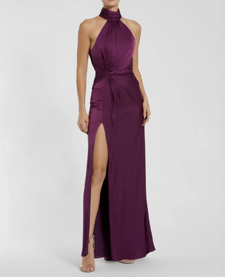 MAC DUGGAL ホルターネックバックトレーン付きロングドレス Plum