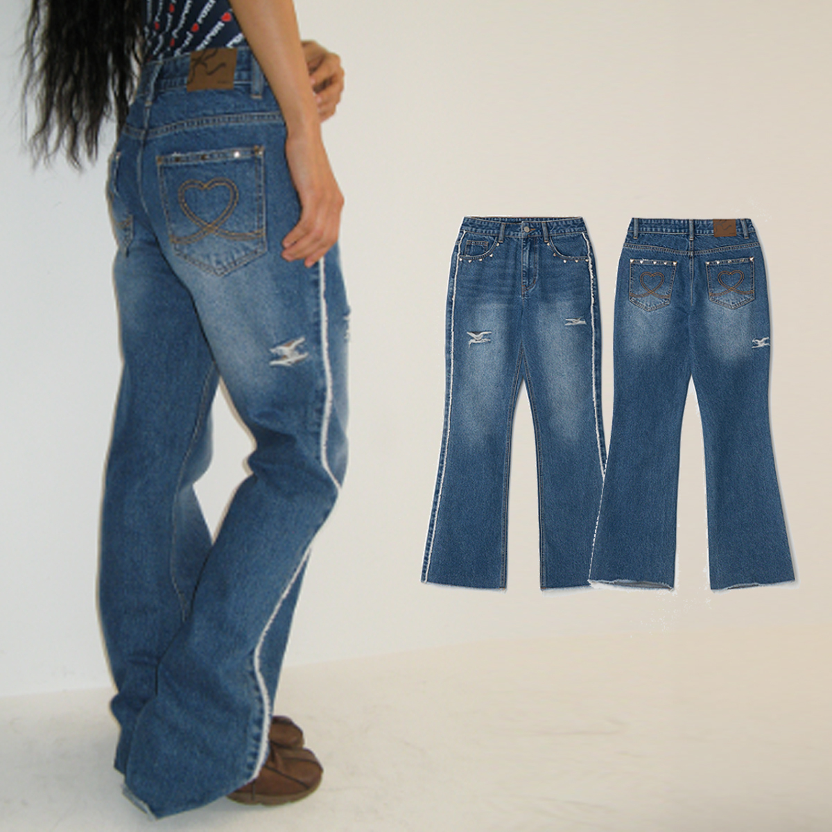 デニム・ジーパン RONORN HEART STUD DAMAGE BOOTSCUT DENIM PANTS 5BKK057