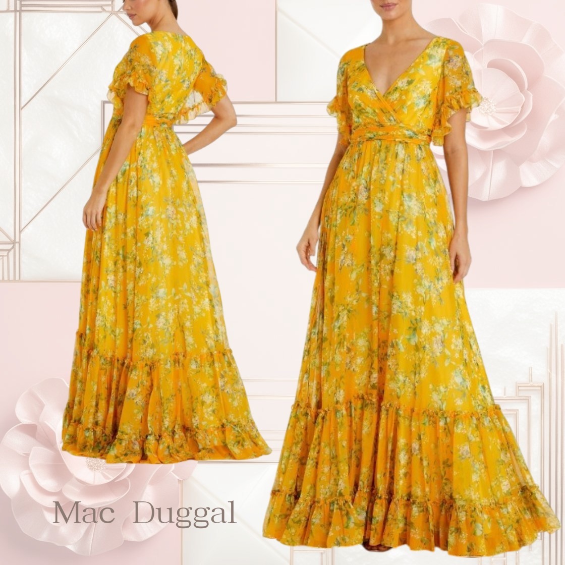 【Mac Duggal 】フラウンススリーブ フローラル マキシドレス