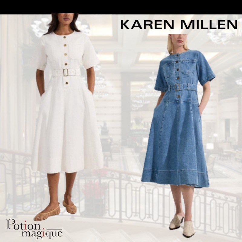 ★Karen Millen★デニムソフトウォッシュ半袖ベルトミディドレス