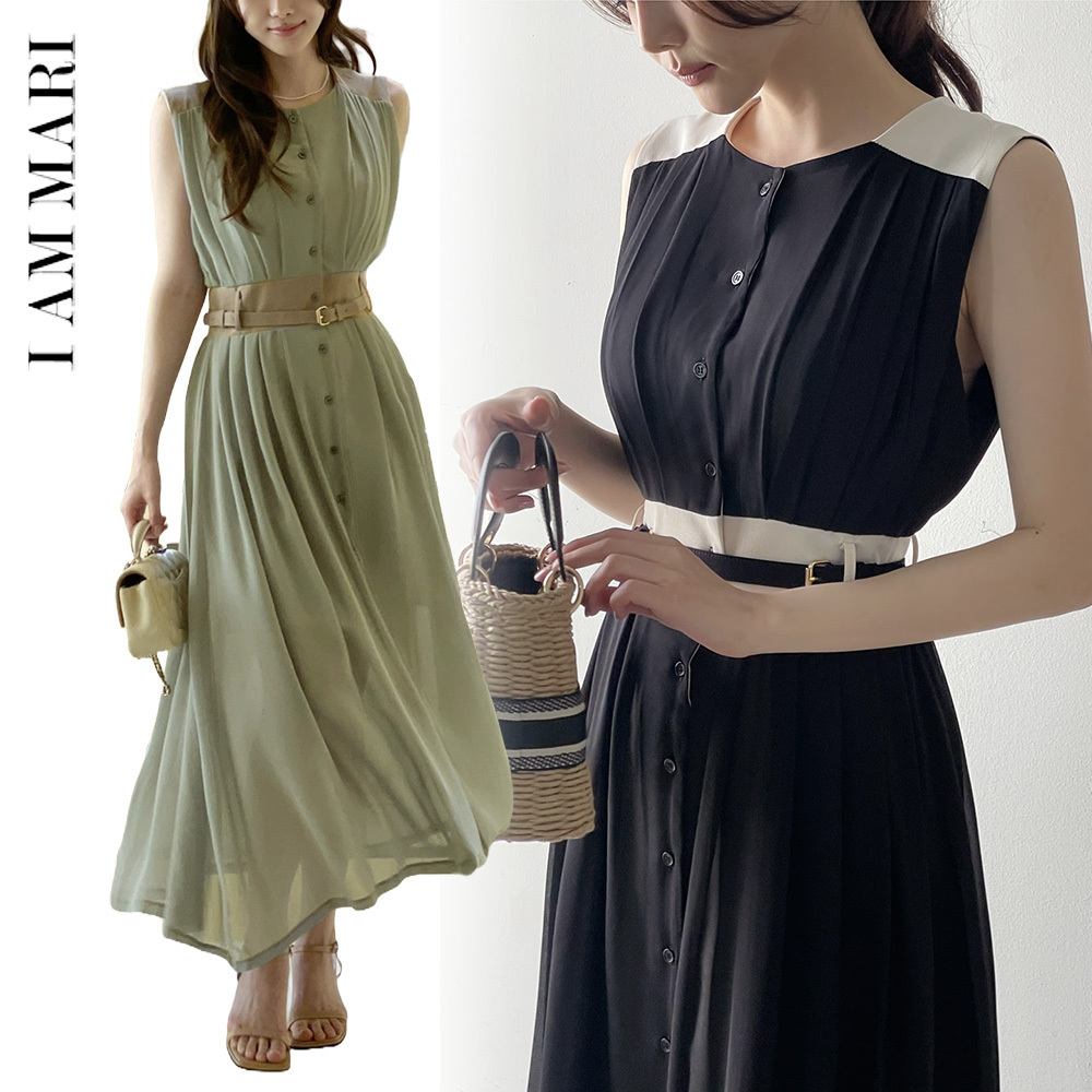 【I AM MARI】シフォン スリーブレス ワンピース ベルト付き