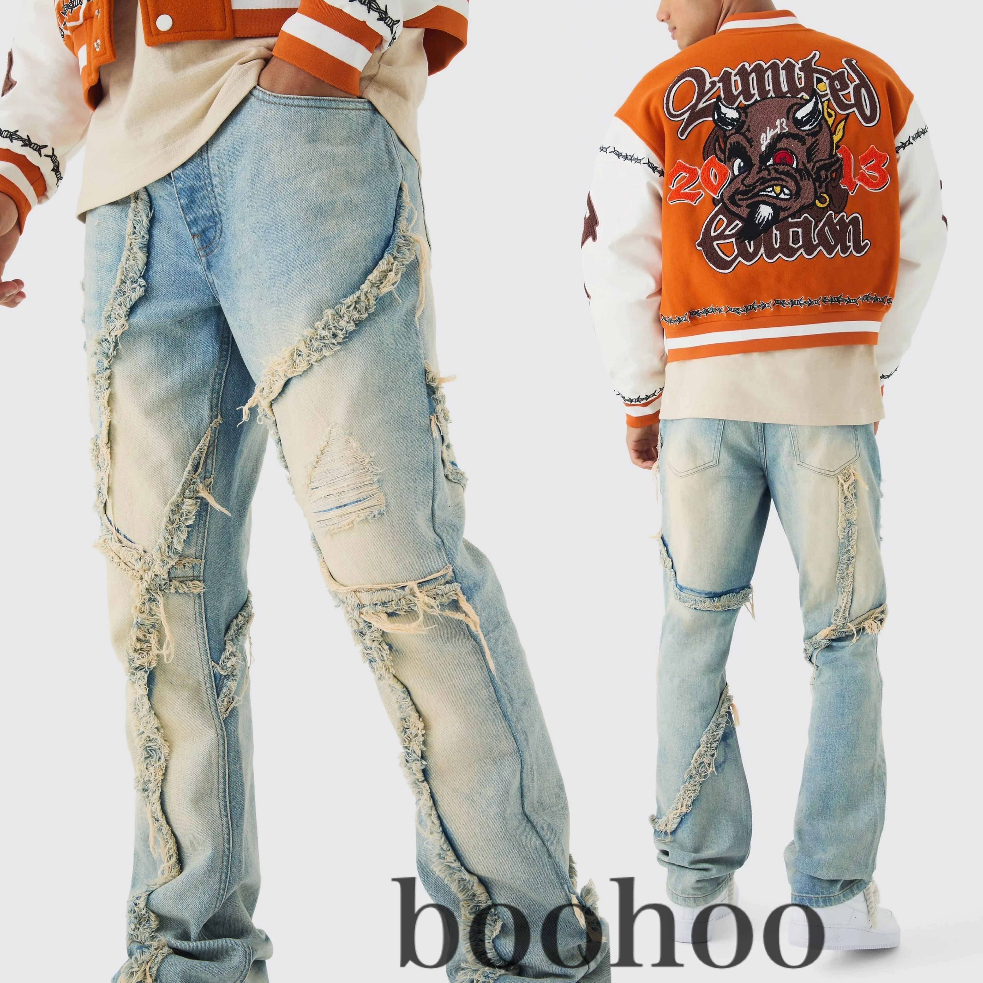 【boohoo】パッチワークダメージ加工ブリーチジーンズ