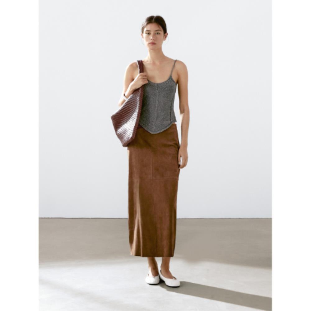★ Massimo Dutti★ Suede leather midi skirt 05338998700