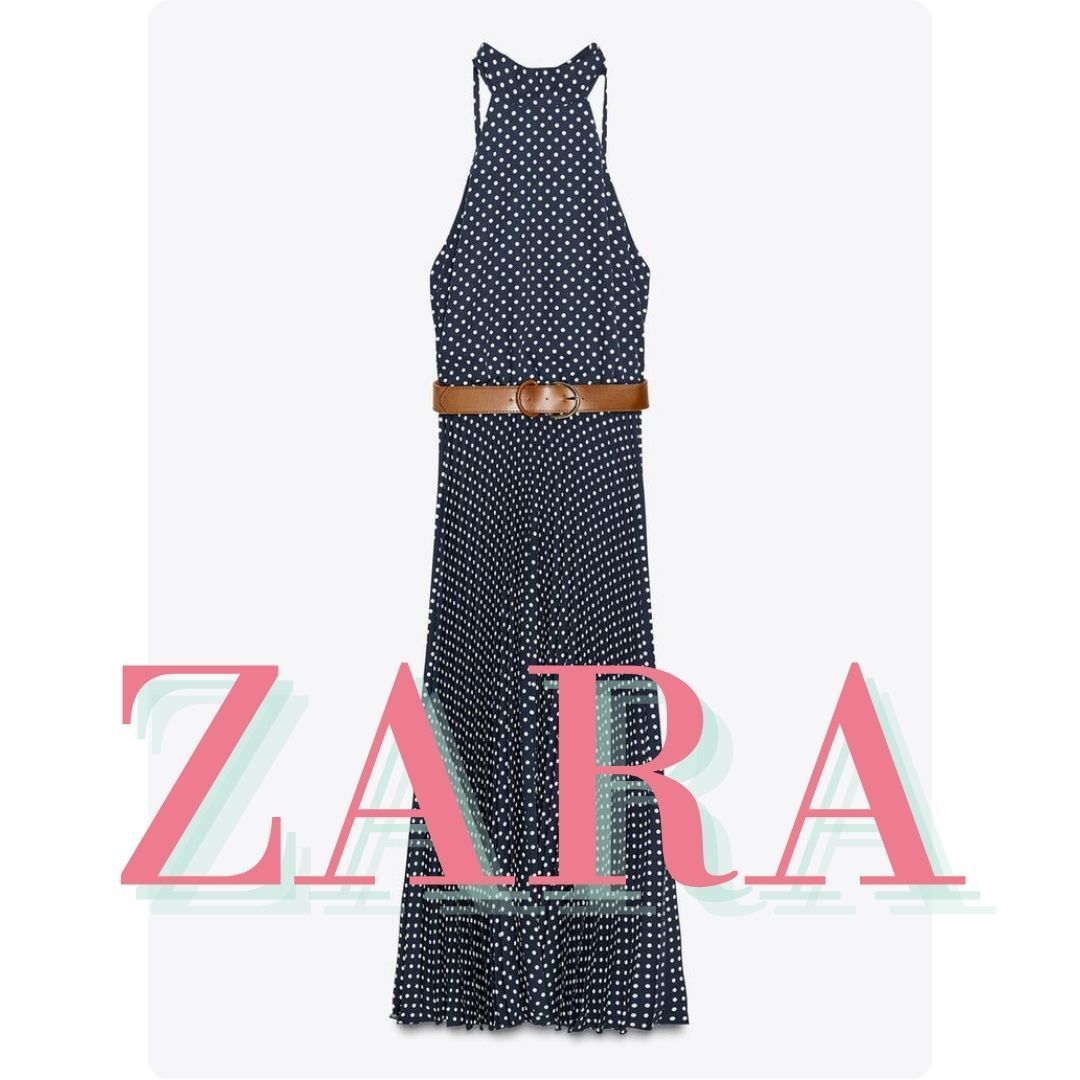 ZARA ドット柄ベルト付きホルターネックミディワンピース