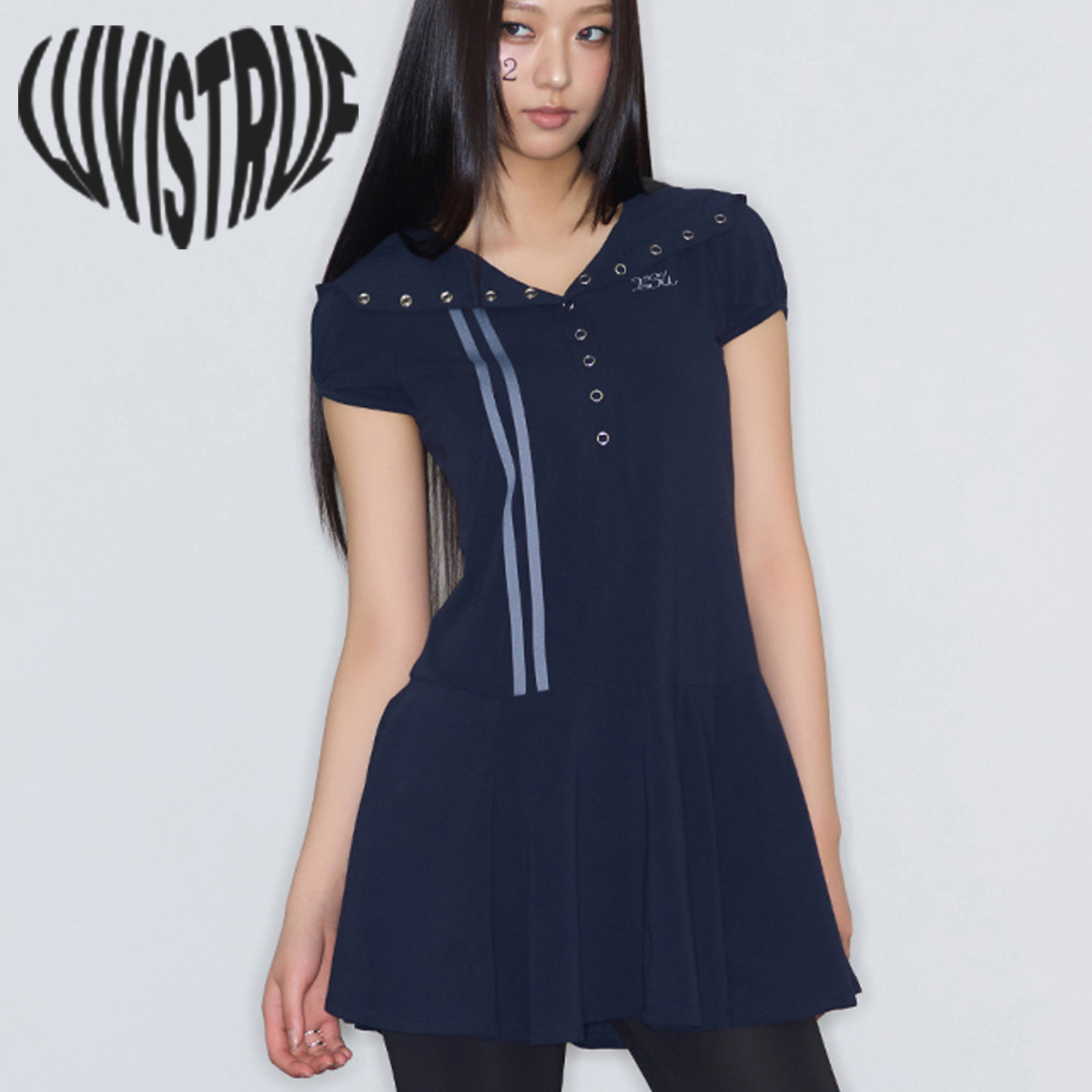 ★LUVISTRUE★BASIC ILOVEU HOOD LAYERED DRESS(NAVY)★正規品