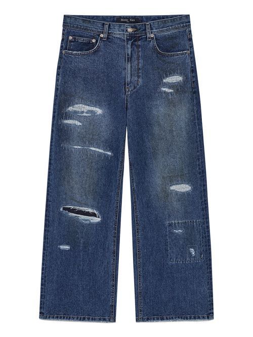 デニム・ジーパン [MATINKIM]destroyed vintage wide denim pants for men in bl