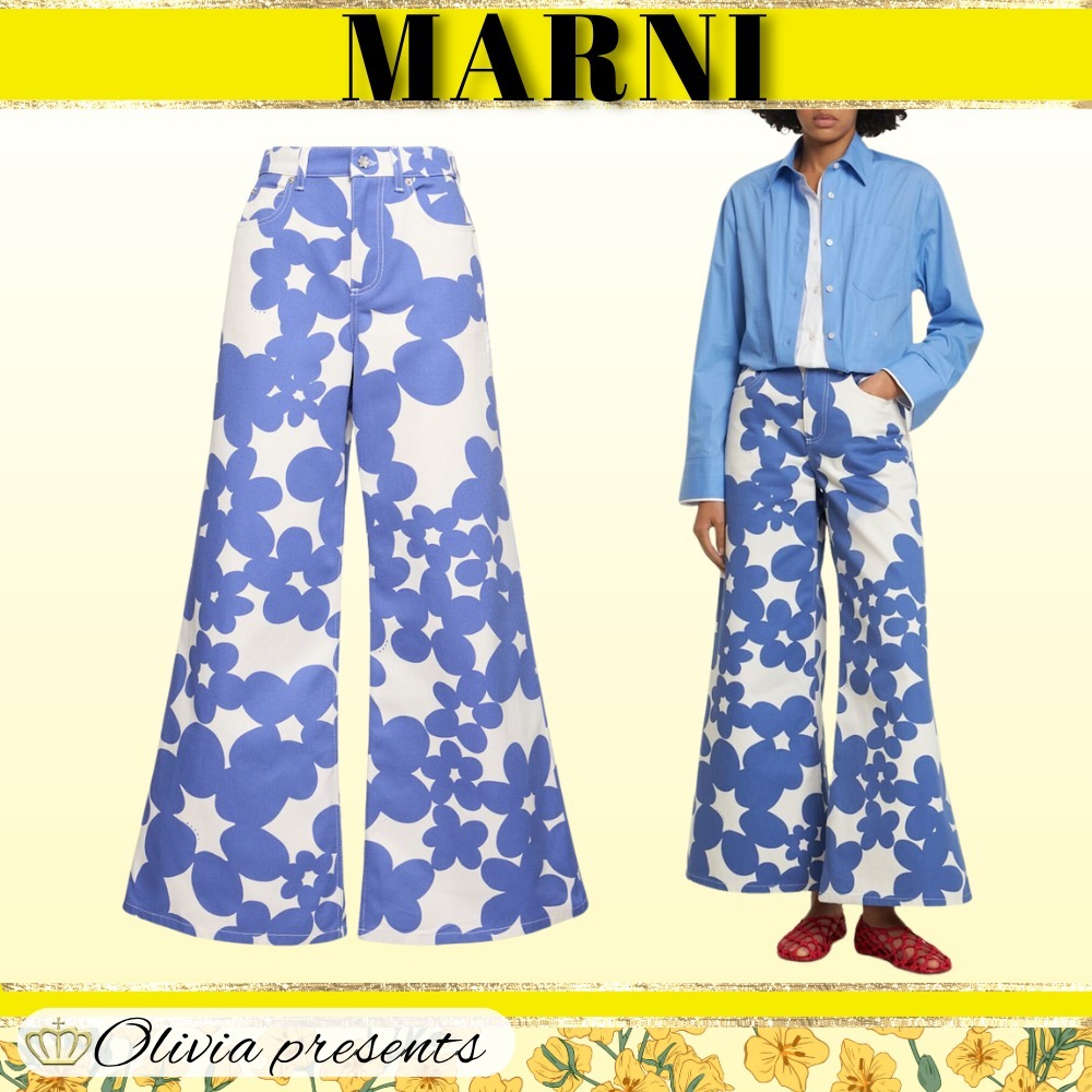 【MARNI】プリント入りワイドレッグギャバジンジーンズ