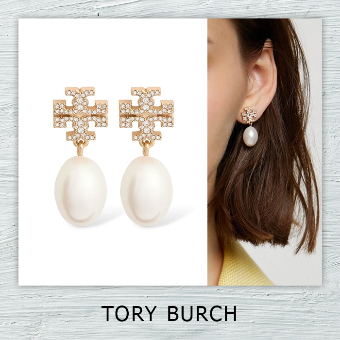 《TORY BURCH》KIRA パヴェ パール ドロップ ピアス 金