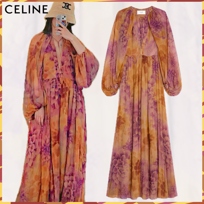 CELINE FALL25《カフタンドレス》シルクモスリン オレンジ 直営