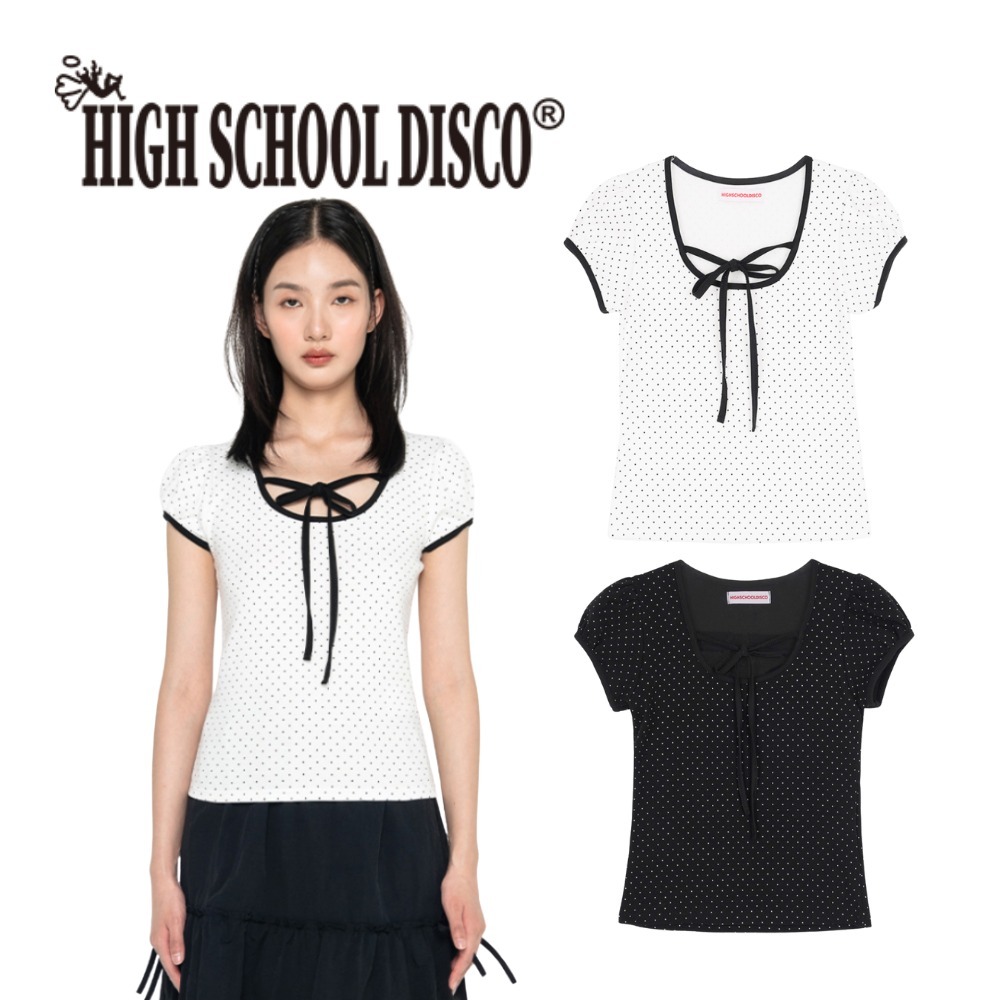★HIGH SCHOOL DISCO★ Puff Sleeve Dot Ribbon Short Sleeve