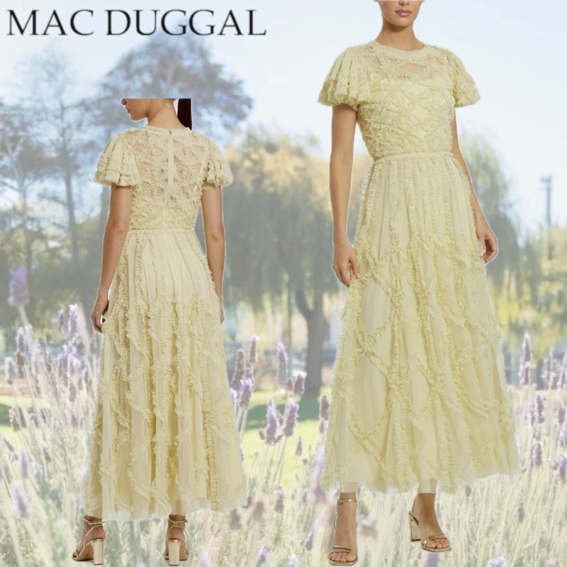 【Mac Duggal】Aライン マイクロラッフル ミディドレス