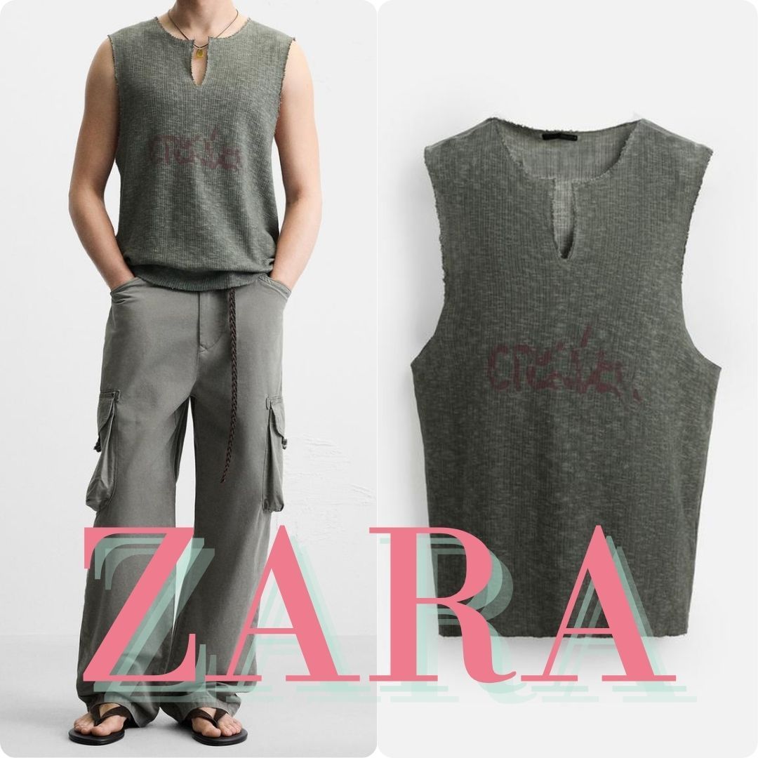 ZARA ウォッシュ加工プリントニットタンクトップ 4805/424