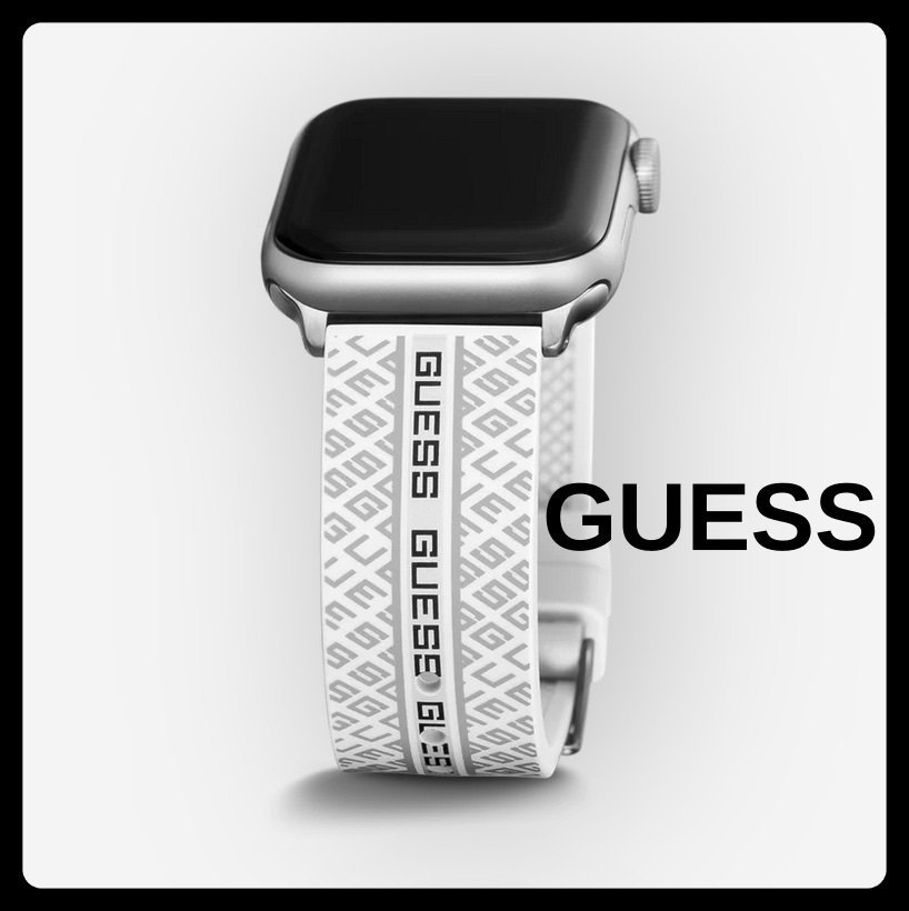 GUESS★スポーティーなシリコン 白グレーGロゴApple Watchバンド