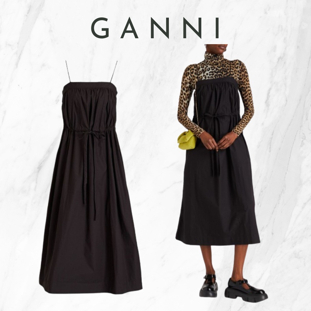 【Ganni】関税込★ブラック コットンポプリン ミディワンピース