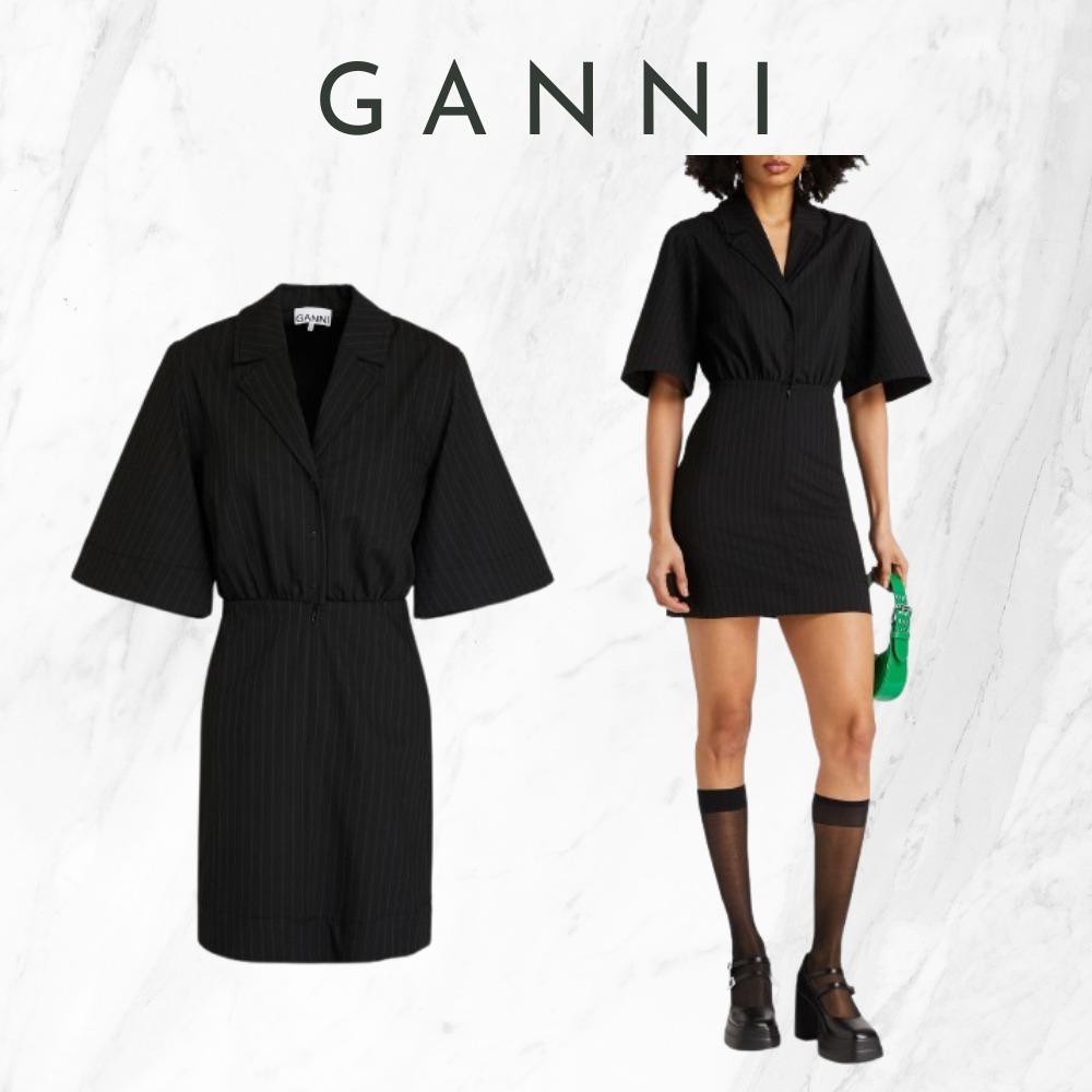 【Ganni】ブラック ツイル ミニシャツワンピース ピンストライプ
