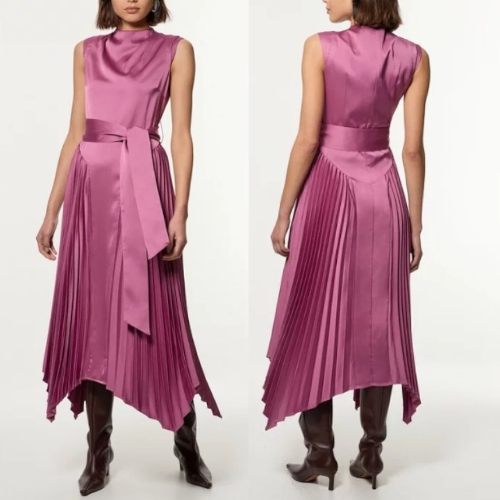 安心追跡【KAREN MILLEN】サテンバック クレープ プリーツドレス