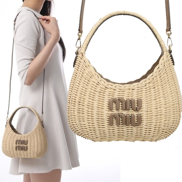 miumiu☆25SS ロゴレタリング ワンダー ウィッカー ハンドバッグ