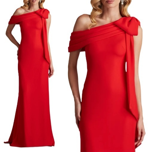 【TADASHI SHOJI】リボンのワンショルダー ロングドレス 赤色