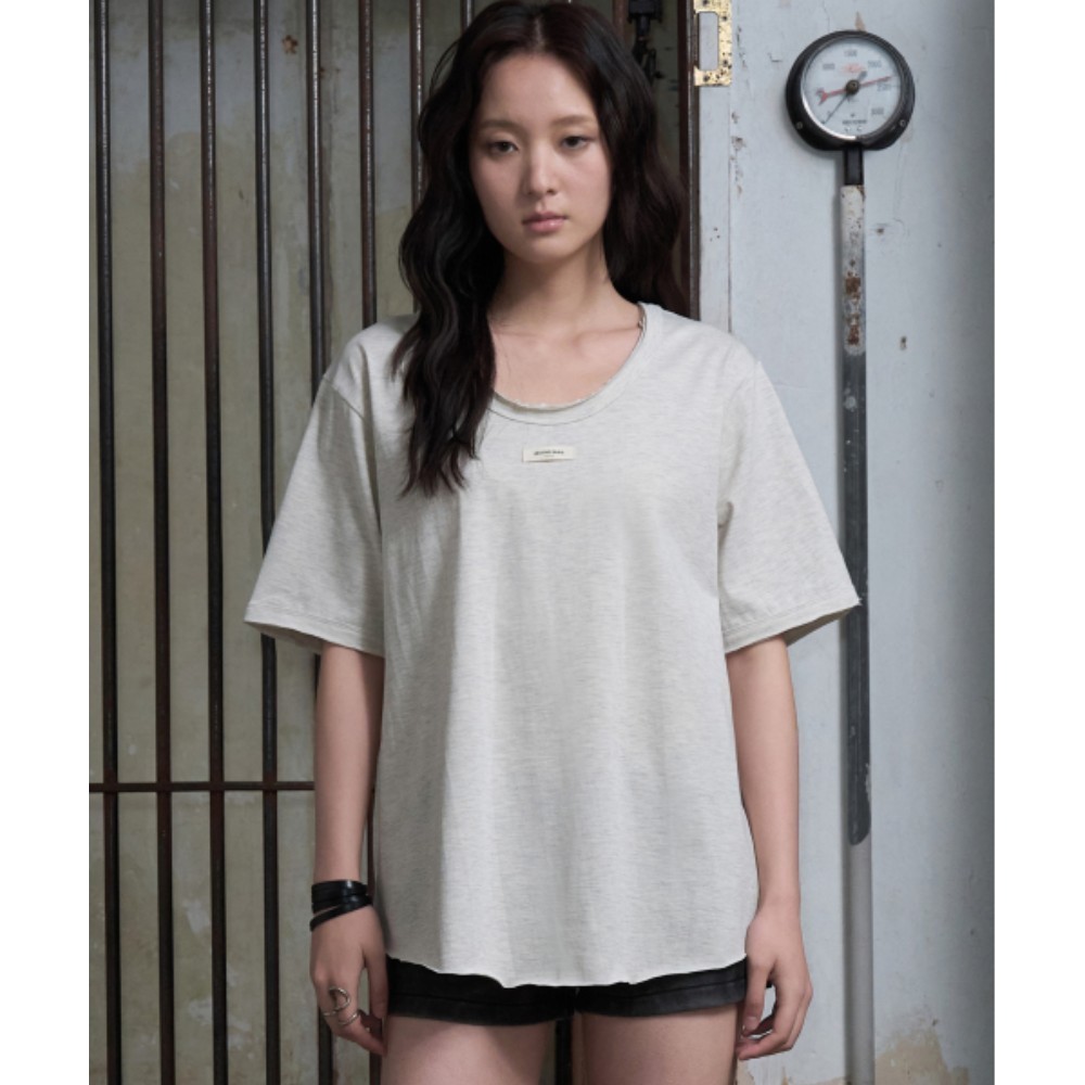 ★HELENE PARIS★ Rough Line Overfit Half T-Shirt Oatmeal