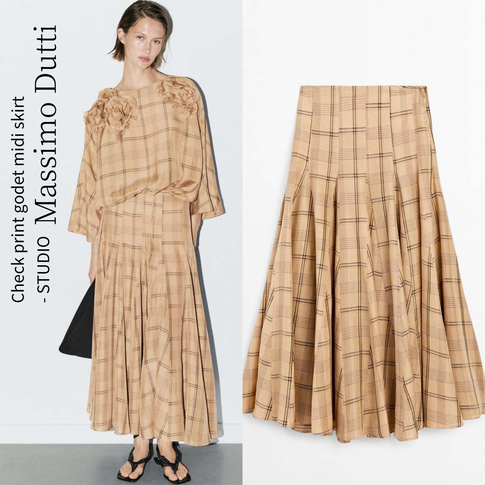 【Massimo Dutti】Check print godet midi skirt - STUDIO