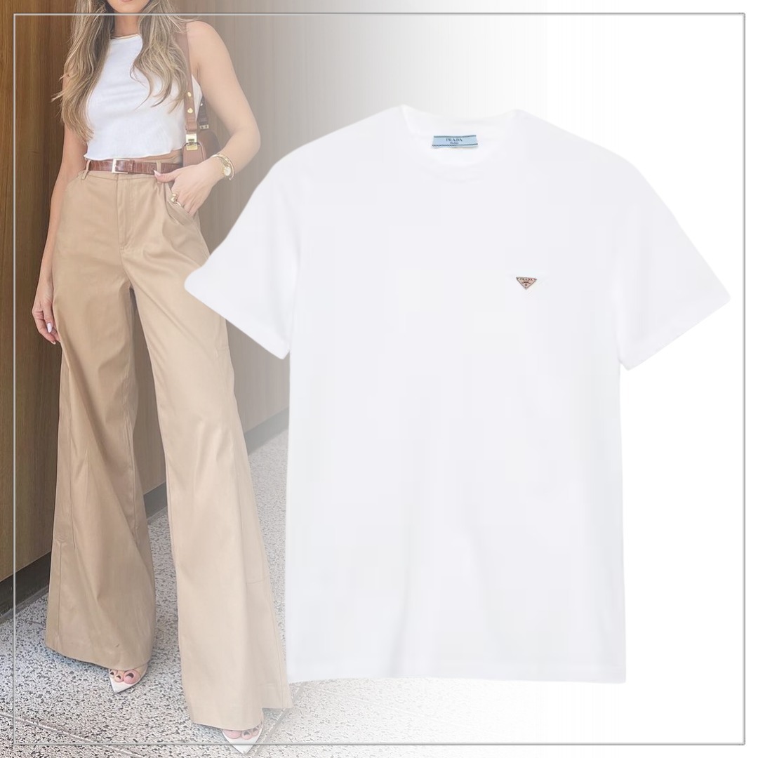【大注目】PRADA◆ピンク メタルロゴ付き コットン 半袖 Tシャツ