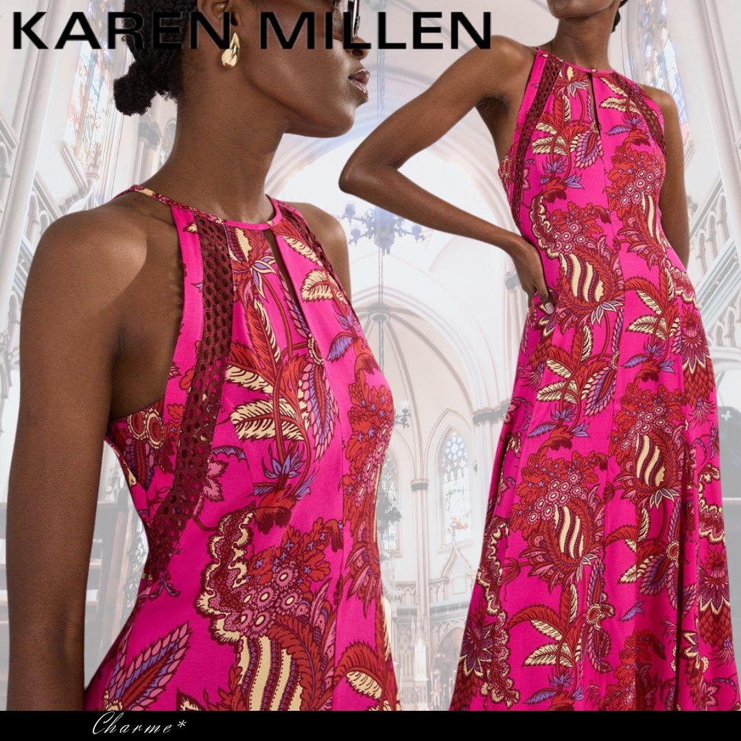 KAREN MILLEN ドレス ミディワンピース 花柄 フレア リネン