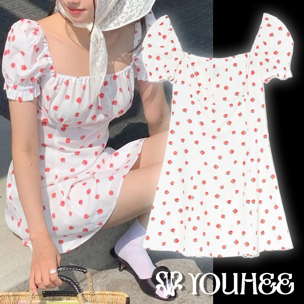 ワンピース [YOUHEE] FLOWER PATTERN PUFF DRESS WHITE