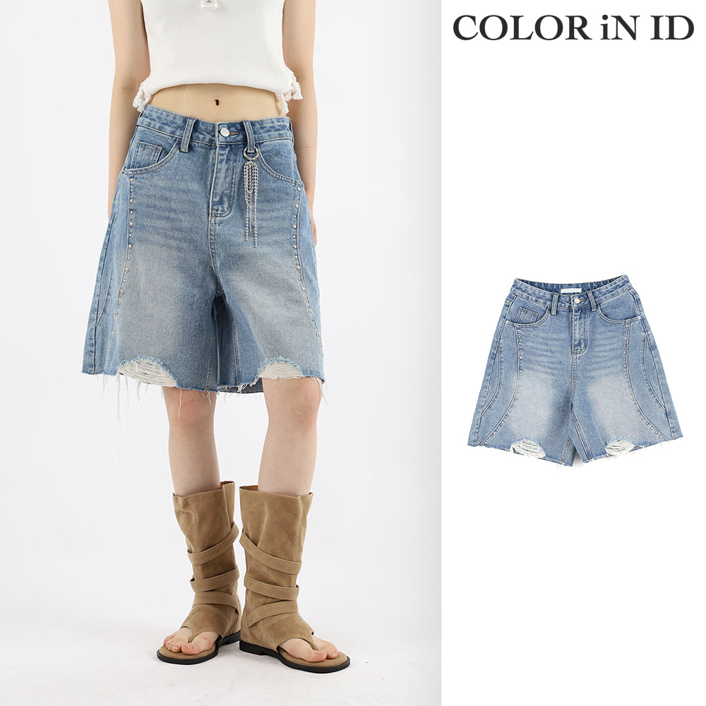 【COLOR iN ID】Studded Damage Bermuda Denim