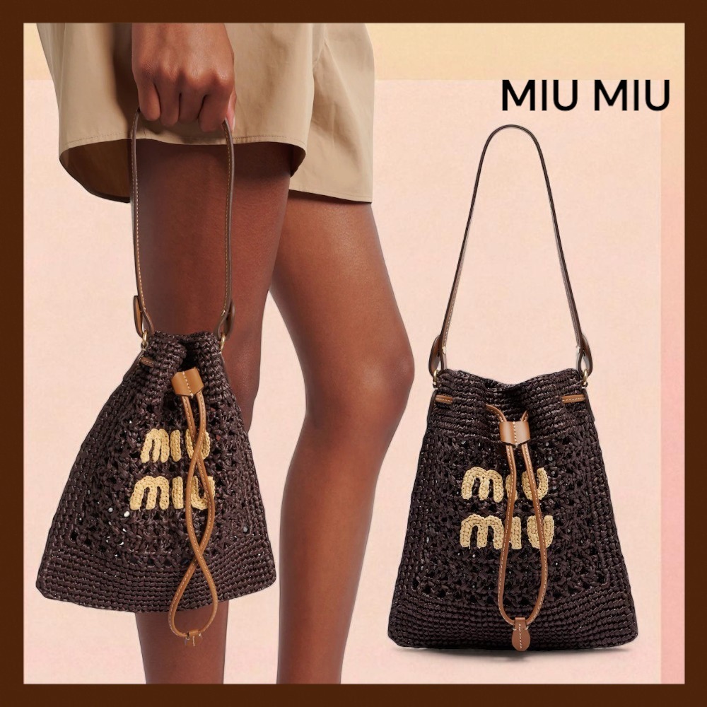 【MIUMIU】ミュウミュウミニロゴ ラフィア風 バケットバッグ