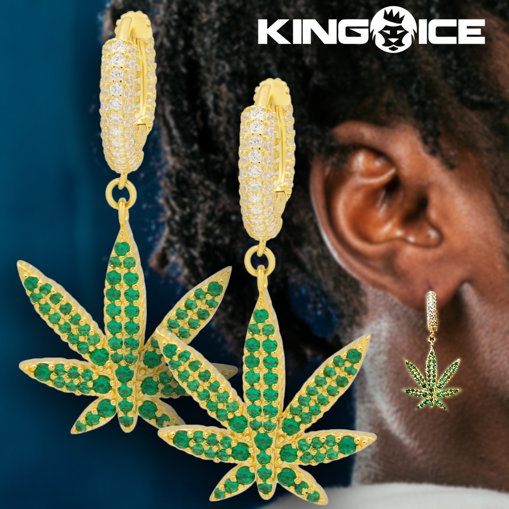 送料関税無料【King Ice】Emerald Cannabis Leaf Hanging ピアス