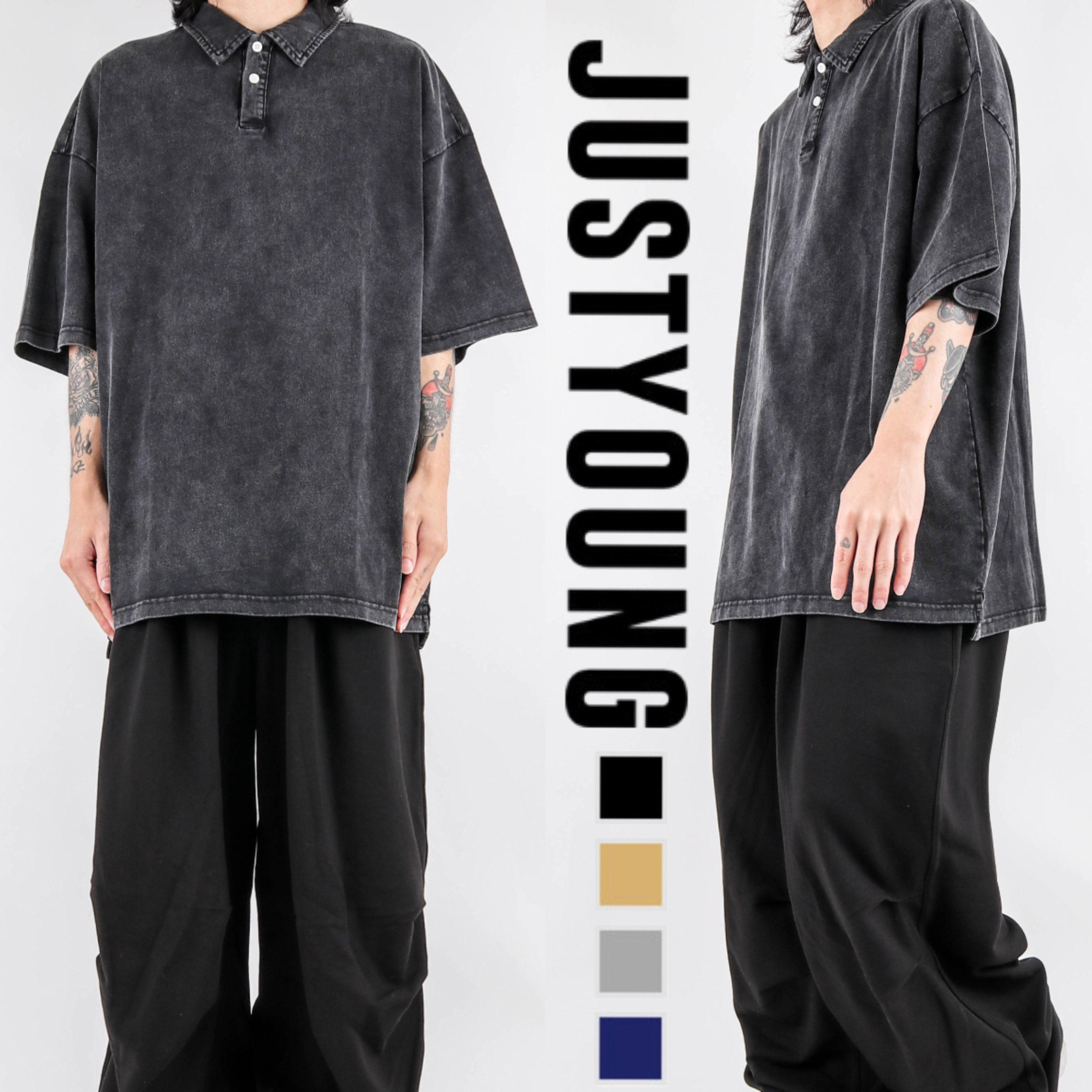 韓国発【JUSTYOUNG】LM Vintage Washing Collar Tee/4color