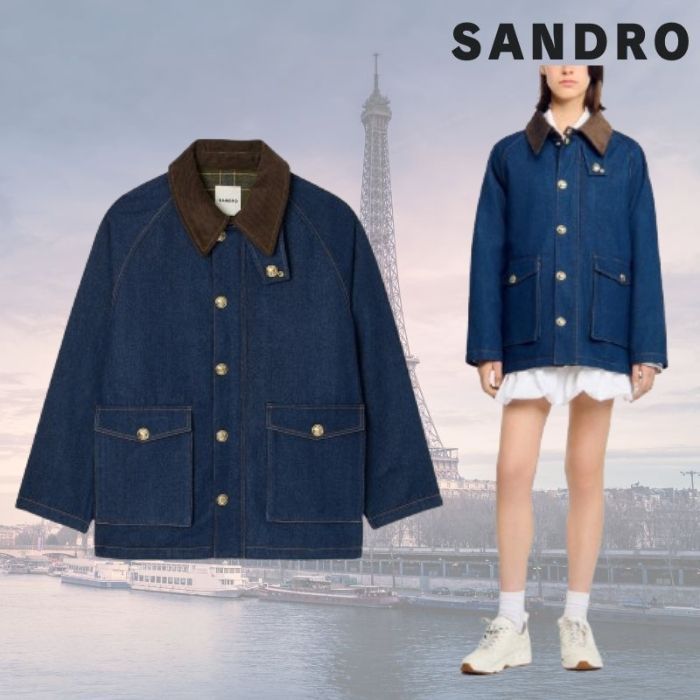フランス発 Sandro カラー切替が可愛い 襟付 デニム ジャケット