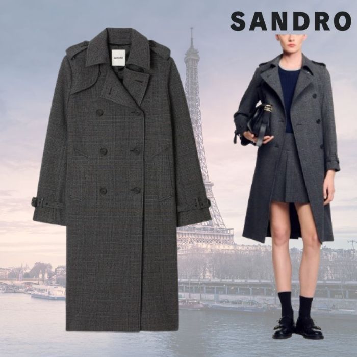 フランス発★Sandro モダンチェックでクール! ロング丈 トレンチ