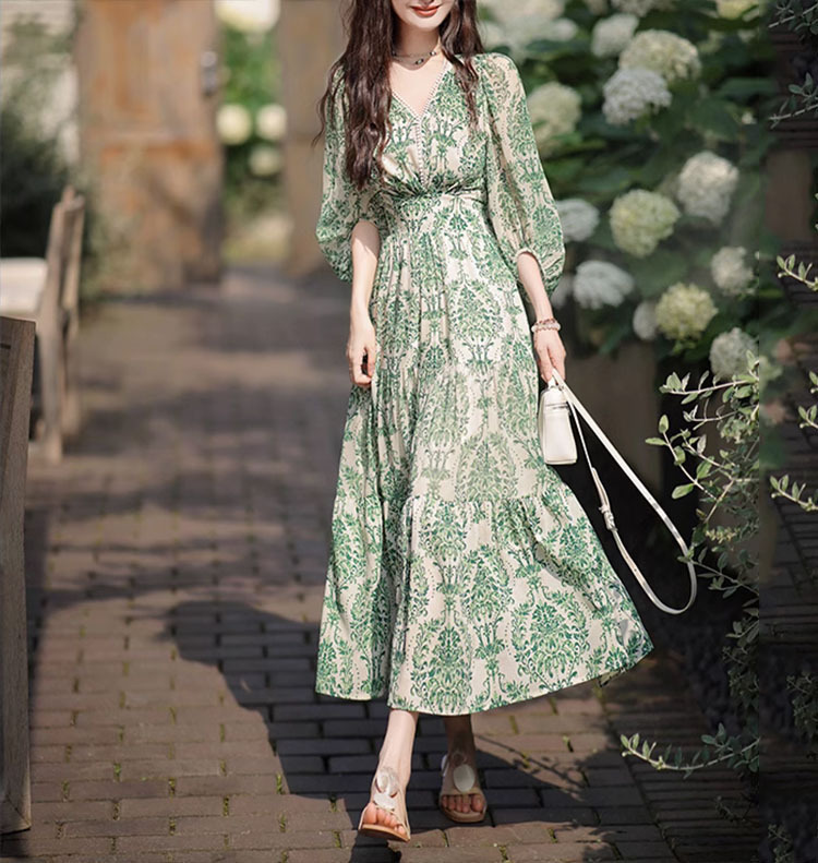 花柄シフォンロングワンピース 緑 レディース