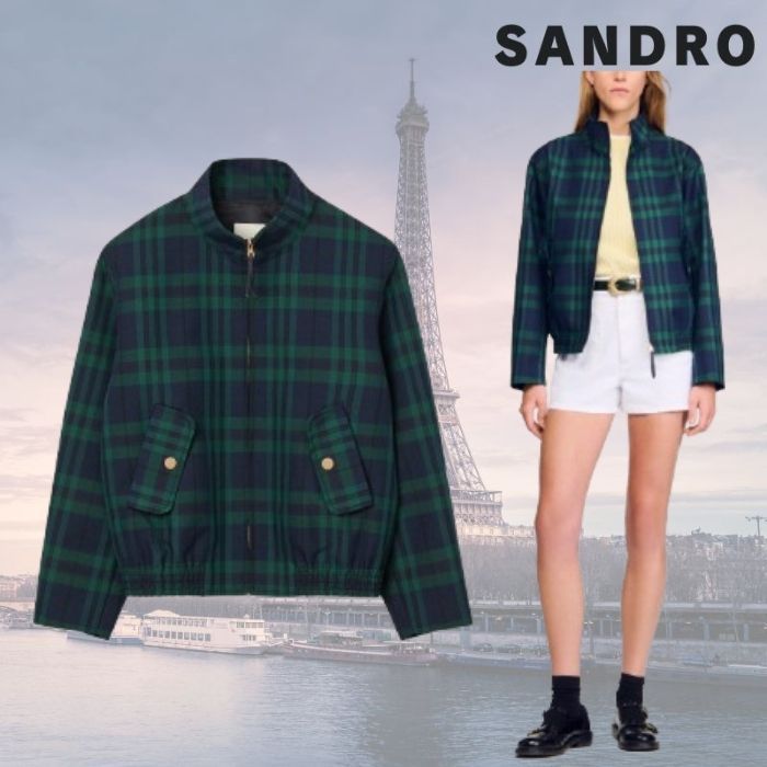 フランス発 Sandro チェック 可愛い 襟付き ジッパー ジャケット