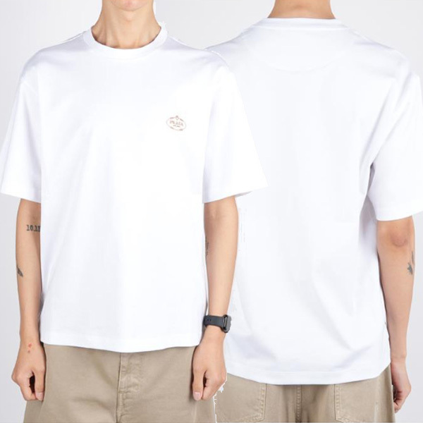 PRADA☆メンズ ロゴパッチ ホワイトコットン 半袖 Tシャツ