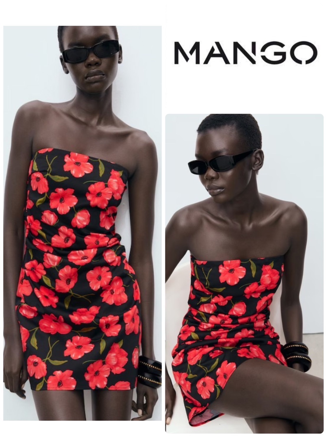 スペイン発送 MANGO ストラップレスの花柄ドレス 上品カジュアル